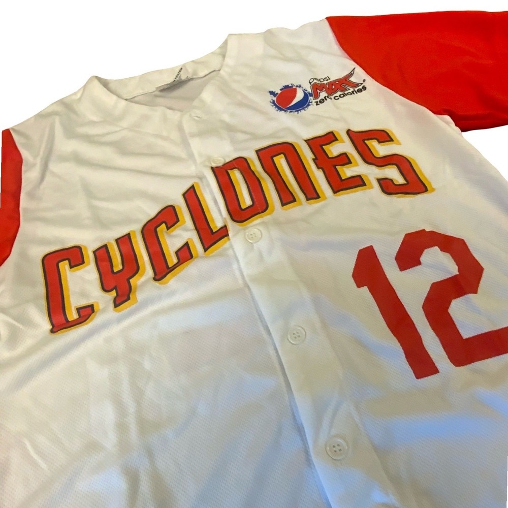 RARE Pepsi Cyclones Baseball Jersey Mens Small White Red Button Up #12 Mesh